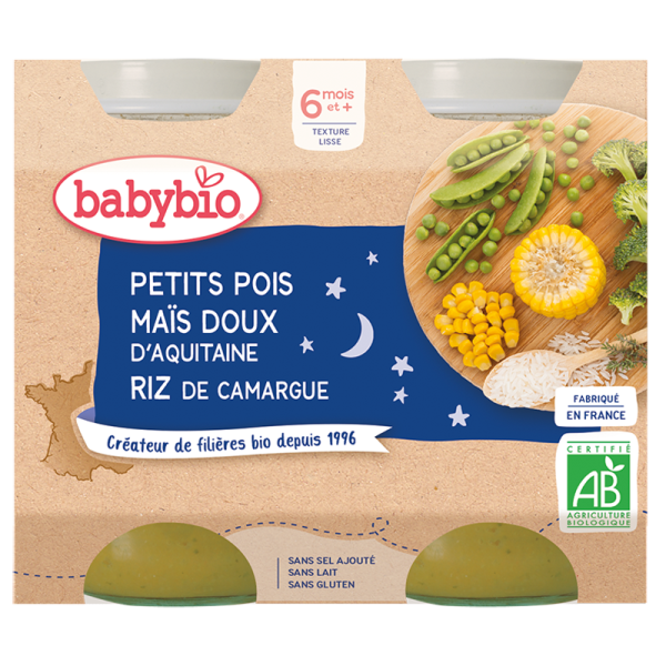 Babybio Petits Pois Maïs Doux d'Aquitaine Riz de Camargue 2x200g